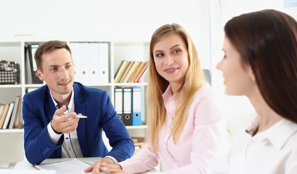 Portrait of office clerks discuss problematic company moments, conference room, biz meeting. Businesspeople, discussion, planning, brainstorming concept