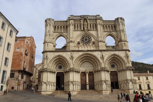 CUENCA, SPAIN - APRIL 19, 2018: Frontal view of the cathedral of Cuenca, Spain