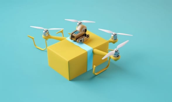 background city helicopter technology delivery transportation transport blue aircraft fly mail express vehicle air box wireless fast cargo cardboard blue drone. Generative AI.