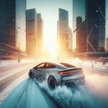 electric car ev go fast in winter time in the city , hoon, snows, fishtail, sunbeam, at sunset generative ai art