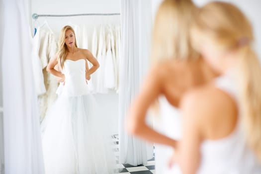 Wedding, mirror and young bride in dress in boutique, shop or store in mall for fitting. Retail, romance and female person from Canada preparing for marriage ceremony, party or reception for love