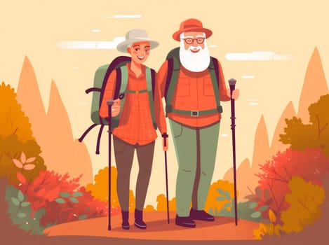 woman man old elderly together couple adventure senior healthy sport trekking grandfather fitness illustration activity active backpack hiking walking happy. Generative AI.