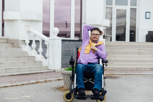 special person with disabilities at the stairs of an office building