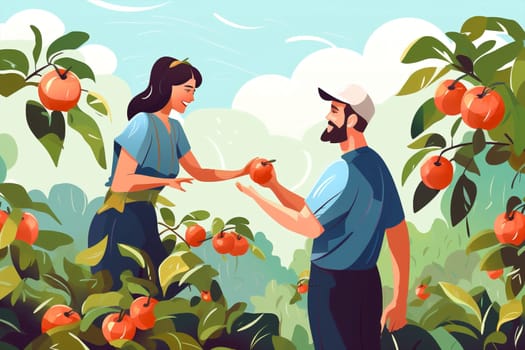 Man woman happiness family nature summer smiling fruit food childhood weekend farm child happy young father picnic mother lunch garden together lifestyle apple outdoors