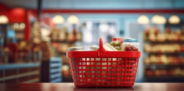 market merchandise shelf store basket buyer grocery online product food shopping supermarket sell shop person delivery retail variety consumerism background. Generative AI.