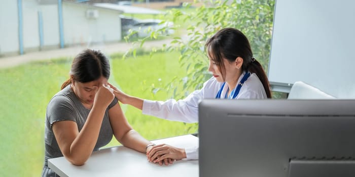 Doctor holding hands and patient empathy, healthcare or medical trust, hope and faith in therapy, healing and rehabilitation in mental health consulting.