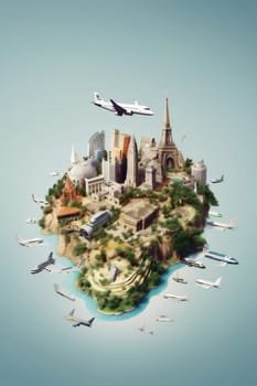 earth traveling holiday map plane sight concept design global travel globe building worldwide italy tour tourism illustration drawing voyage city europa. Generative AI.