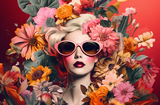 woman nature elegance art model head femininity abstract poster hipster fantasy concept trend face rose portrait beauty design bouquet fashion flower. Generative AI.