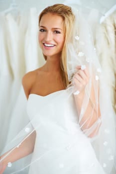 Wedding, smile and portrait of bride in a dress in luxury boutique, shop or store in a mall. Retail, romance and female person from Canada preparing for marriage ceremony, party or reception for love.