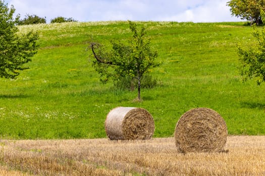 A field with hay bales in front of a green meadow with fruit trees and clouds in summer