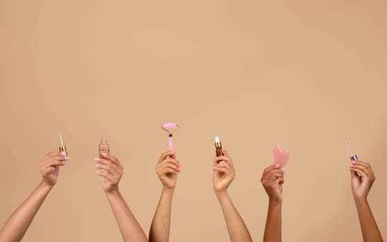 Hands of diverse multiracial women gracefully present an array of beauty products, highlighting the collective charm and unity in diversity, copy space