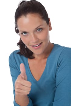 Young brown hair woman showing thumbs-up
