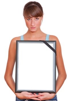 woman holding frame with black band