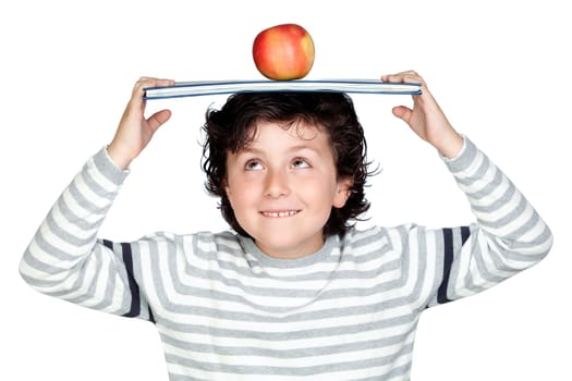 Student child with a book over his head