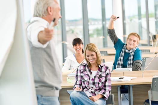 High school - three students with mature professor
