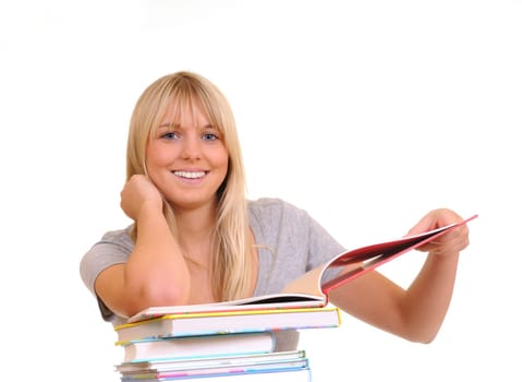 Laughing young woman with stack of books