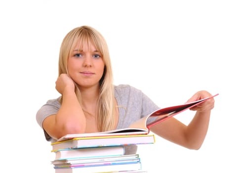 Young woman with stack of books