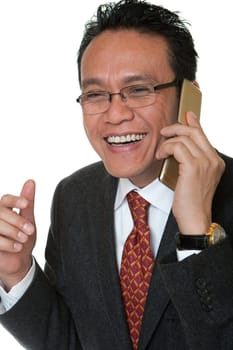 Manager laughing while talking on the phone