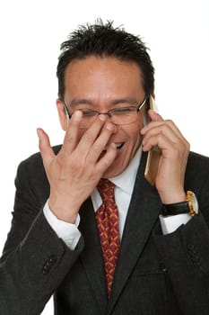 Manager laughing while talking on the phone