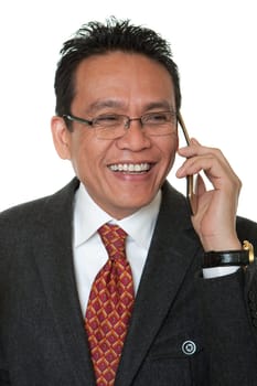 Manager laughing while talking on the phone
