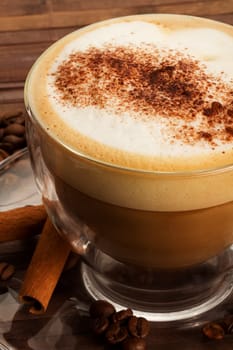 Cappuccino with chocolate powder and cinnamon