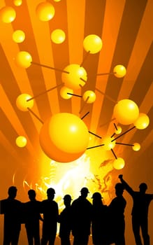 labourers standing under a ball pattern