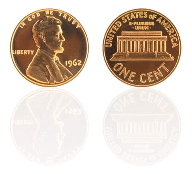 USA one cent with reflection