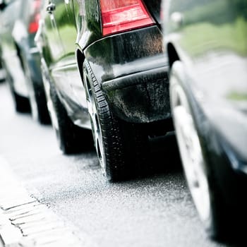 Traffic jam in highway during rain