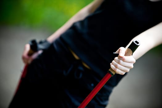 Nordic Walking - Young woman is hiking