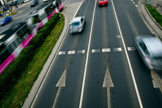 Cars in motion blur on a street of Wroclaw