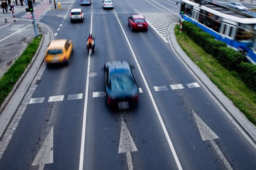Cars in motion blur on a street of Wroclaw