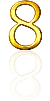 3d golden number 8 with reflection