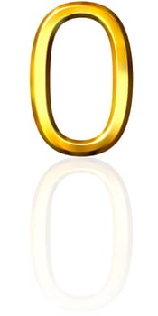 3d golden number 0 with reflection