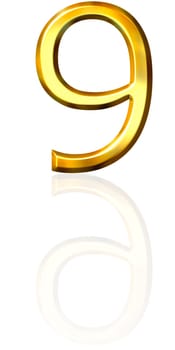 3d golden number 9 with reflection