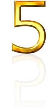 3d golden number 5 with reflection