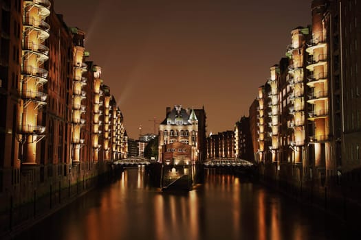 Hamburg Speicherstadt - illuminated moated castle