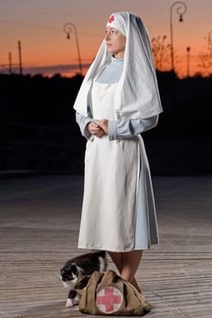 Retro styled nurse with cat and first ai