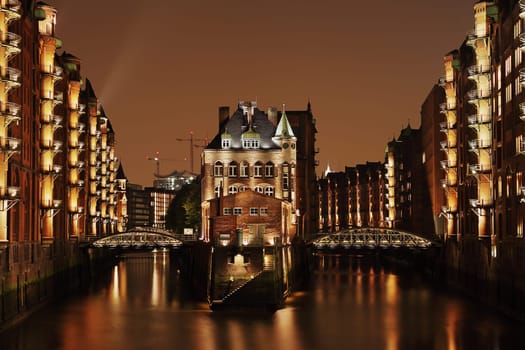 Hamburg Speicherstadt - illuminated moated castle