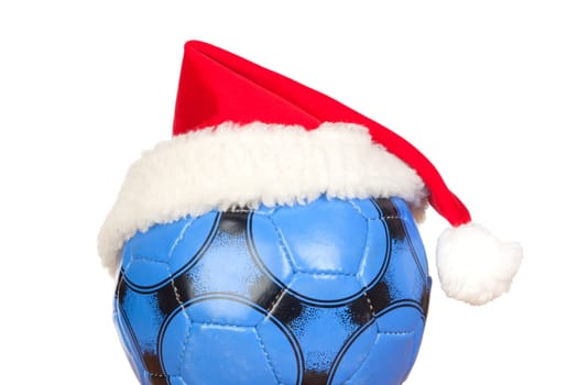 Blue soccer ball with Christmas hat