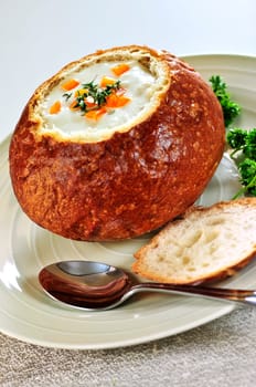 Soup in bread bowl