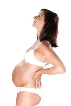 Pregnant woman belly profile side view thinking pensive
