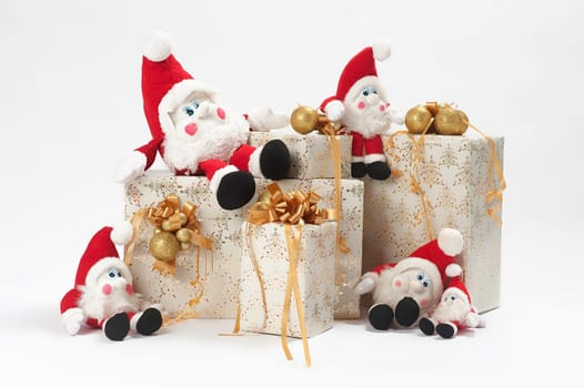 Christmas gifts and five gnomes isolated