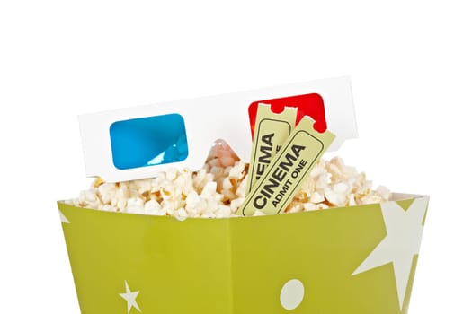 Popcorn bucket, two tickets and 3D glasses
