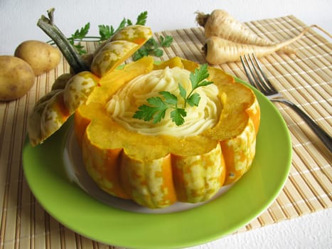 Pumpkin stuffed with pureed vegetables