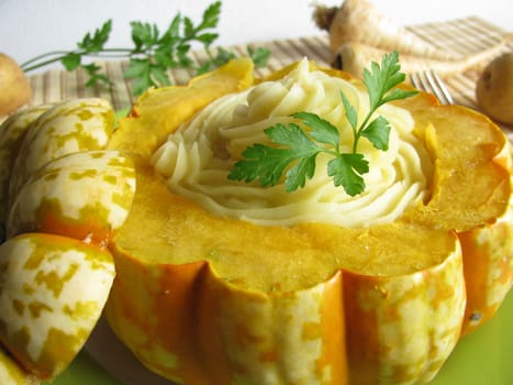 Pumpkin stuffed with pureed vegetables