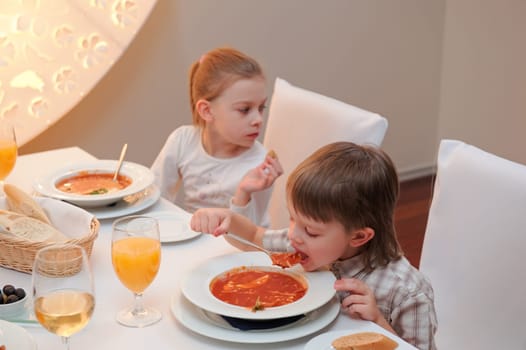 Sister and brother enjoying meal sitting