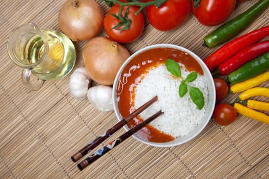 rice in white bowl