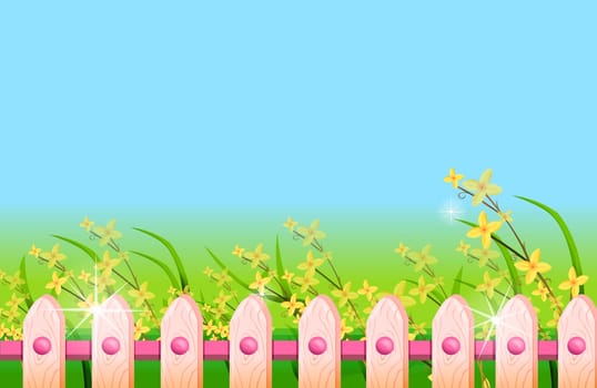 fence in front of green lawn with yellow flower
