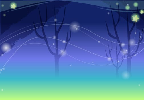 black tree with yellow stars under night sky