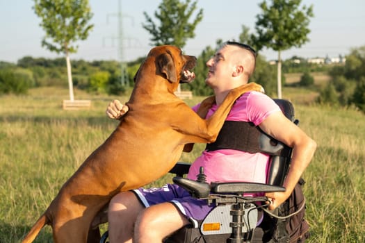 A youthful guy using a wheelchair participates in playful interactions with his dog.